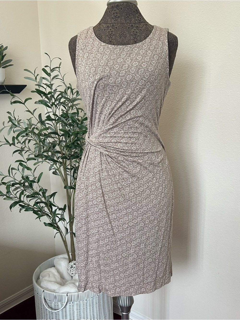 Garnet Hill Taupe Floral Twist-Waist Midi Dress